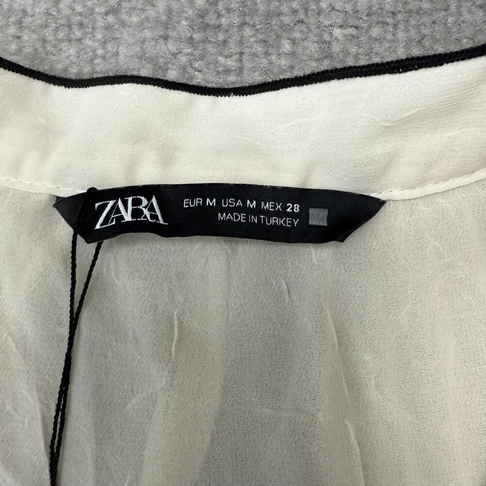 Zara Shirt Womens Medium Cream Sheer Ruffle Button Front Long Sleeve V Neck - Picture 3 of 7
